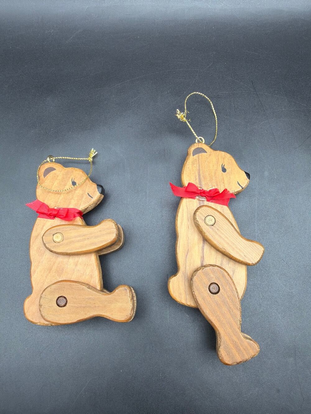 Vintage 1980s Jointed Wooden Teddy Bear Ornaments Set 2 Taiwan 5.5” Poseable
